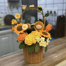 DIY꽃바구니 졸업 시즌 수제 해바라기 직조 diy 꽃 바구니 믹스 앤 매치 장미 은방울꽃 후크 부케 어머니 선생님을위한 선물, W.노란 장미 만두 꽃 바구니 재료 키트 도구  자습서