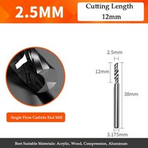CNC 도구 목공 금속 알루미늄 PVC 밀링 커터 단일 플루트 인치 엔드밀 라우터 비트 조각 비트 나선형 엔드밀, 2.5-12-3.175D, 10pcs