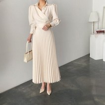 4월결혼식하객룩 예복원피스 상견례옷차림 여성 우아하고 세련된 퍼프 슬리브 플리츠 롱 드레스 여성용 턴 다운 칼라 봄 오피스 레이디 블랙