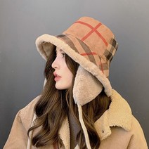 여성 체크 뽀글이 스웨이드 귀달이 벙거지 버킷햇 골프 캠핑방한 모자 2030골프웨어, 블루