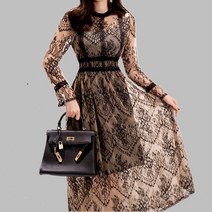 여성 원피스 new spring 우아한 패치워크 드레스 여성용 빈티지 레이스 긴 소매 o-neck work dress woman party long dress