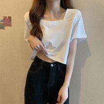 여성 반팔티 티셔츠 슬림 핏 반소매 여자반팔티셔츠 크롭 T 스퀘어 넥 인박카191