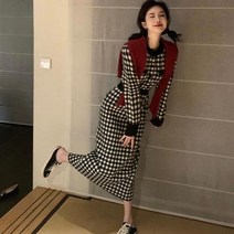허리밴딩 체크 롱 니트 원피스 미니 라인 하객 상견례 봄원피스 스퀘어넥 화이트 여성 여름