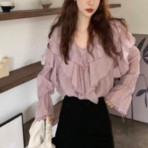 여성 브이넥 이중카라 프릴 패턴 블라우스 2컬러 봄 여름 가을