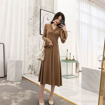 녕동 여성 긴팔 브이넥 롱 니트 원피스 하객원피스 데일리 플레어 A라인 하객룩 간절기