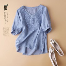 빌리즈빈 여름 여성 브이넥 레이스 무늬 반팔 블라우스 B240