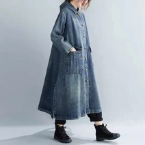 데님트렌치코트 6702 와이드 루즈핏 면 후드 옆트임 슬릿 포켓 무드 거문고 주름 A판 케이프 판초 3172658379