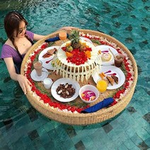 플로팅 조식 수영장 라탄 쟁반 물에 뜨는 풀빌라 쟁반 호텔, G 구멍이 있는 원형 노란색(80X20)