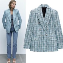 ZARA 블루 체크 트위드 더블 버튼 블레이저 자켓
