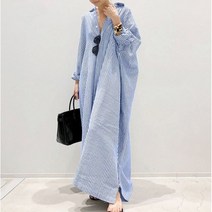 롱 셔츠 원피스 여성 봄여름 스프라이트 스카이블루 면 마 루즈핏 오버핏 임산부 미씨 중년