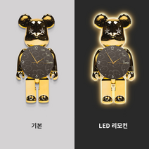 베어브릭 벽시계 무소음 LED 벽등 시계 거실 사무실 인테리어 소품 무드등, J 골드베어, 30x60, LED 리모컨
