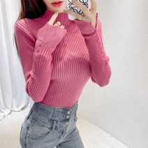 티티웍스 여성용 반목 소매트임 7 버튼장식 롱슬리브 슬림 골지 니트 스웨터