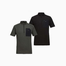 코오롱스포츠 남성 가슴포켓 반팔 ZIP-T 스트라이프 집업티 카키 블랙 우븐 티셔츠 JWTCM20411 KGY BLK