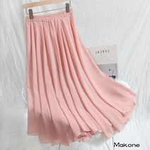 Makone 여자 퀄리티 좋은 패션 휴가 여름코디 옷 하의 의류 스커트 여성 쉬폰 단색 플레어 치마 롱 주름치마