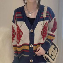smy레트로 다이아몬드 격자 무늬 편지 컬러 매칭 코트 가을 겨울 새로운 V 넥 스트라이프 긴팔 유행 카디건