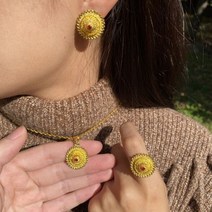 에티오피아 럭셔리 레드 다이아몬드 보석 아프리카 목걸이 귀걸이 반지 세트 나이지리아 신부 웨딩 모로코 여성