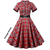 개화기의상 청순 유니크 반팔 여름 체크 벨트 햅번 복고 하객룩 레트로 원피스 P54979