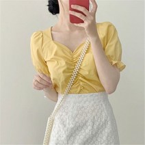 포린박스 캐주얼 브이넥 셔링 반소매 블라우스 SH