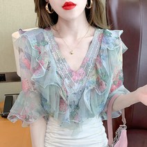 블라우스 여름 여 반팔 스트링 프린트 상의