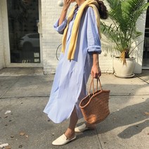 라라벨 여성 카라 스트라이프 루즈핏 패턴 트임 캐쥬얼 롱 셔츠 원피스