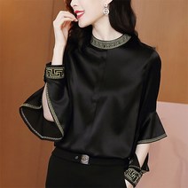 빅사이즈 여성 셔츠 블라우스 봄 가을 실크 자수 스탠드칼라 셔츠티