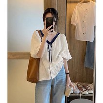 SJW 여성 봄 여름 반팔 셔츠 브이넥 프릴 스트링 퍼프 루즈핏 남방 블라우스 상의 빅사이즈