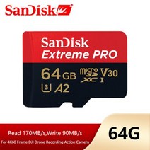microsd 핸드폰 메모리 스마트폰 미니 Sandisk Extreme PRO 카드 64GB 128GB 256GB A2 클래스 10 UHSI U3 최대 속도 170 메가바이트초 V, 64GB with adapter
