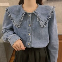 빈티지데님셔츠 빅사이즈 여성의류 겨울 가을 와이드 루즈핏 클래식 페플럼 진주 단추 4965724661