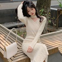 WARM 브이넥 꽈배기 니트 원피스 원피스 dress