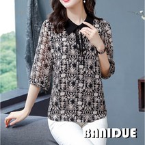 [바니드] 중년여성 복고풍 고급무늬 카라넥 반팔 럭셔리 블라우스 1123