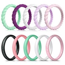 Forthee 10 Pack Silicone Wedding Ring for Women Thin and Braided Rubber Band Fashion Colorful Co, 7(17.3mm), A: Braided Rings: Lavender, Pi