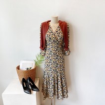 루다 브이넥 플라워 퍼프소매 프릴 랩원피스