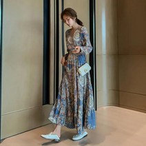 다사자w5959 페이즐리 여신원피스 긴팔 V넥롱원피스 쉬폰원피스 롱원피스 여성원피스 S-XL