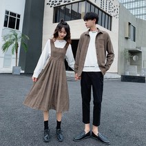 브라운 체크무늬 민소매 A라인 롱 원피스 제주도 커플룩 시밀러룩 신혼여행 남자 긴바지