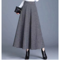 SAMARA 여성 겨울 모직스타일 니트 롱스커트 롱 치마 밴딩 체크 플레어 골지