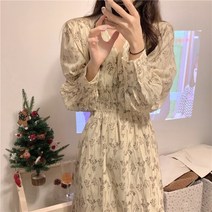 블링앤수 여성 브이넥 플라워 패턴 롱 원피스 KZZ776