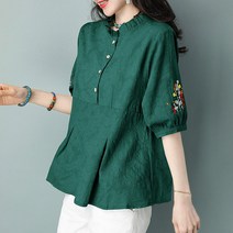 도오빠 롤엔듀 여성 반팔 블라우스 라운드넥 셔츠 7부 소매 꽃무늬 자수 여자반팔티 여자블라우스 프리사이즈 의류