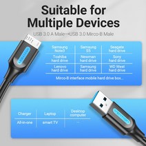 Vention 외장 하드 드라이브 케이블 마이크로 B 3.0 고속 충전 3A 5Gbps 데이터 삼성 호환 디스크 ssd용 Sa, 03 1m