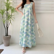 여자 라운드넥 A라인 물나염 나시 원피스