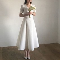 셀프웨딩드레스 웨딩드레스 스냅 신부 새틴 리마인드 결혼식 웨딩촬영 셀프 스몰 신혼여행, L, 흰색