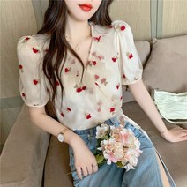 퐁순싸롱 예쁜 꽃 무늬 메쉬 레이스 여름 쉬폰 숏 블라우스 SH