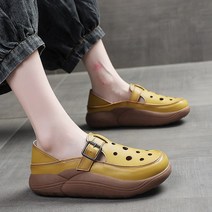 가죽 펀칭 통굽 샌들 여성 가죽 로퍼 단화슈즈