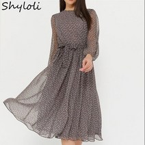 드레스 Shyloli우아한 도트 프린트 긴 소매 여성 드레스 2021 년 신제품 보헤미안 캐주얼 o넥 쉬폰 a라인 드레스 빈티지 파티