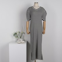 퍼니걸스 6336 데일리 브이넥 퍼프 단가라 반팔 롱 원피스 여성의류