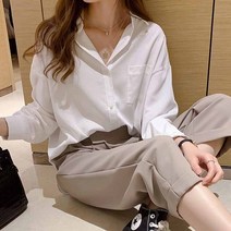 여성셔츠 블라우스 아나운서 앞지퍼 오버핏 가을 스타일의 옷깃 흰색 셔츠 의 초 긴