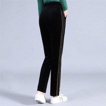 멜빵바지 와이드 사이드 스트라이프 밝은 라인 장식 골든 벨벳 편안한 여성 바지 드로스트링 허리 블랙 느슨한 레저 플러스 사이즈 유연한