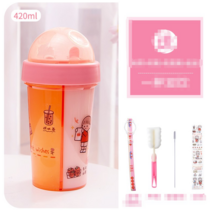 Ogfaour 쌍쌍컵 반반컵 더블 텀블러 귀여운 물병 420ml 600ml, 소녀 핑크 트럼펫 보낼 스트랩 + 컵 브러쉬 + 밀짚