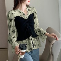 100137C 레이어드 검정패턴 무늬 허리 슬림 셔츠 블라우스