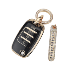 키에티 기아 폴딩키 스토닉 올뉴K5 니로 버튼 차 키케이스 키홀더 + 분실방지 큐빅 전화번호판, 4버튼, 블랙 골드라인