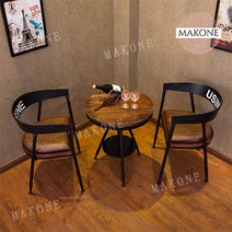 Makone 상표등록 원목 철제 발코니 카페 야외 부부 2인용 티 테이블 세트, 티테이블1개 +원목 의자2개 세트